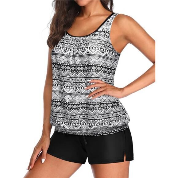 Two Piece Women's Tankini Swimsuits Blouson Swim Tank Top with Shorts - Picture 3 of 7